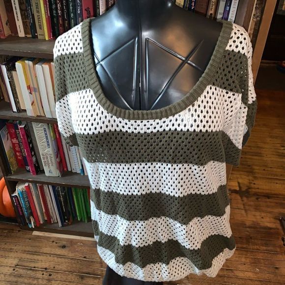 torrid Sweaters - Torrid olive green white striped loose weave crocheted 3x short sleeve sweater